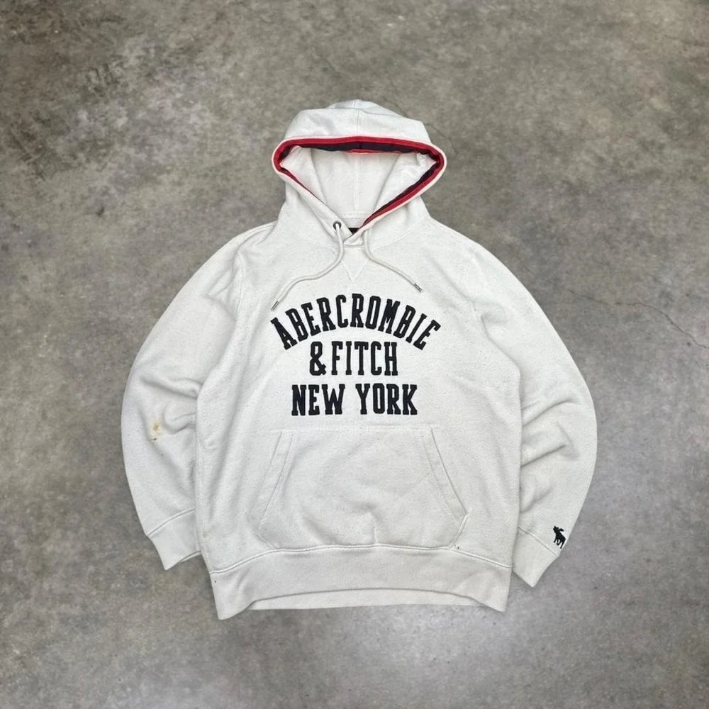 Abercrombie & Fitch New York Hoodie White Pullover Spell Out Logo Sweatshirt - Picture 1 of 6